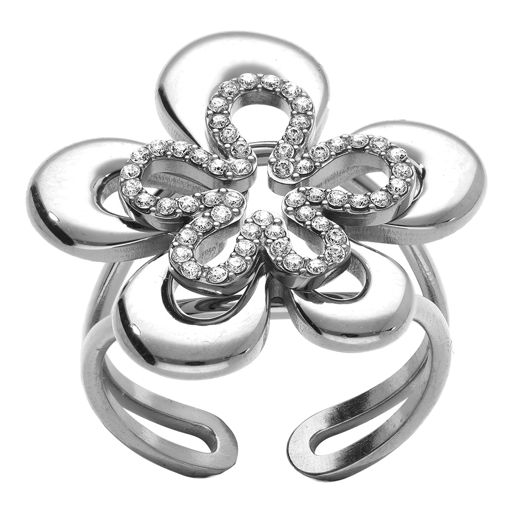 Bague en acier fleur ouverte avec oxydes blancs - Vue 1