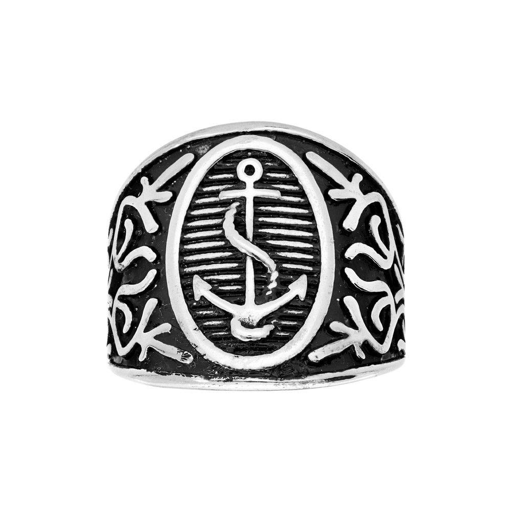 Bague en acier large ovale avec motif ancre marine - Vue 1