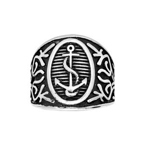 Bague en acier large ovale avec motif ancre marine - Vue 1