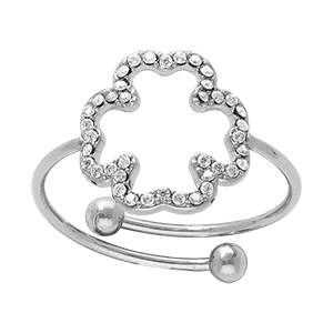 Bague en acier motif fleur �vid�e contour d' oxydes blancs sertis - r�glable