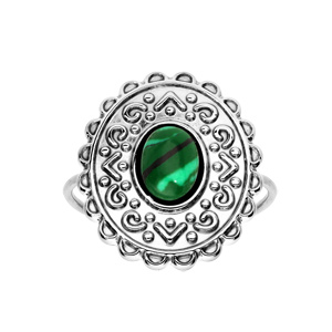 Bague en acier ovale avec pierre Malachite de synthèse - Vue 1