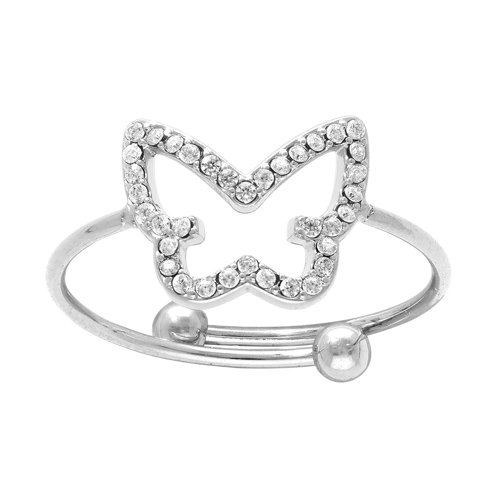 Bague en acier papillon �vid� contour d\'oxydes blancs sertis - r�glable - Vue 1