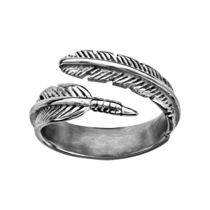 Bague en acier patiné fine plume entourant le doigt - Vue 1