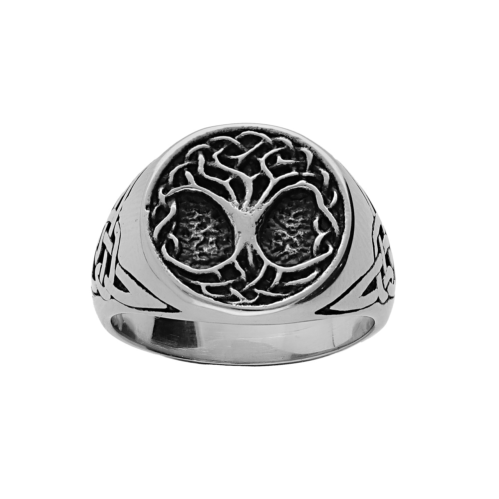 Bague en acier patin� ronde motif arbre de vie - Vue 1