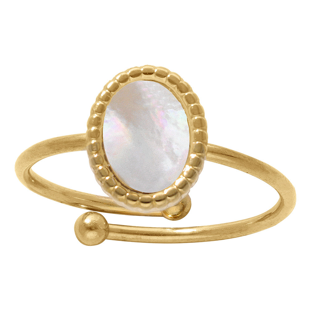 Bague en acier pierre ovale imitation nacre blanche  - r�glable - Vue 1