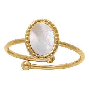 Bague en acier pierre ovale imitation nacre blanche  - r�glable