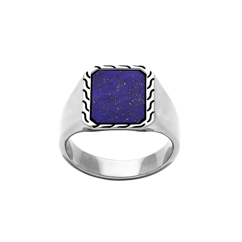 Bague en acier, plateau carr 10 x 10mm, lapis lazuli reconstitu - Vue 1