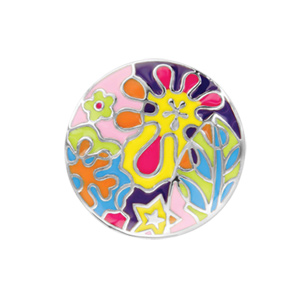 Bague en acier plateau rond avec motif végétaux colorés - Vue 1