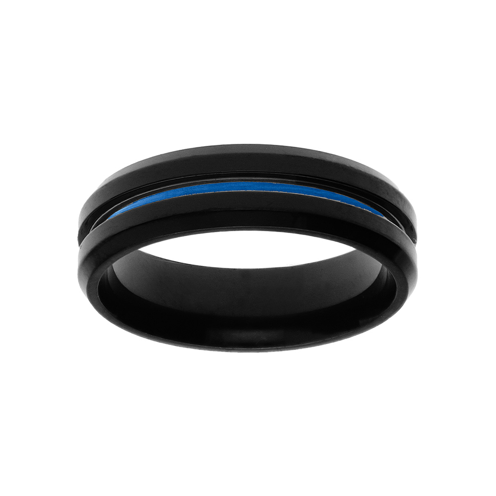 Bague en acier PVD noir filet bleu largeur 6mm - Vue 1