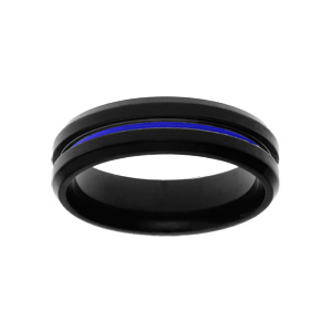 Bague en acier PVD noir filet bleu largeur 6mm - Vue 1