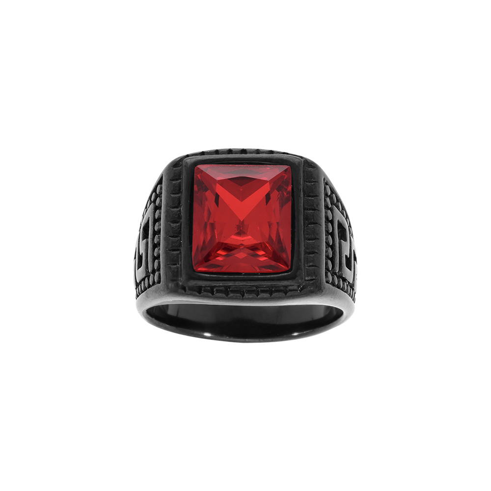 Bague en acier PVD noir plateau rectangulaire oxyde rouge - Vue 1