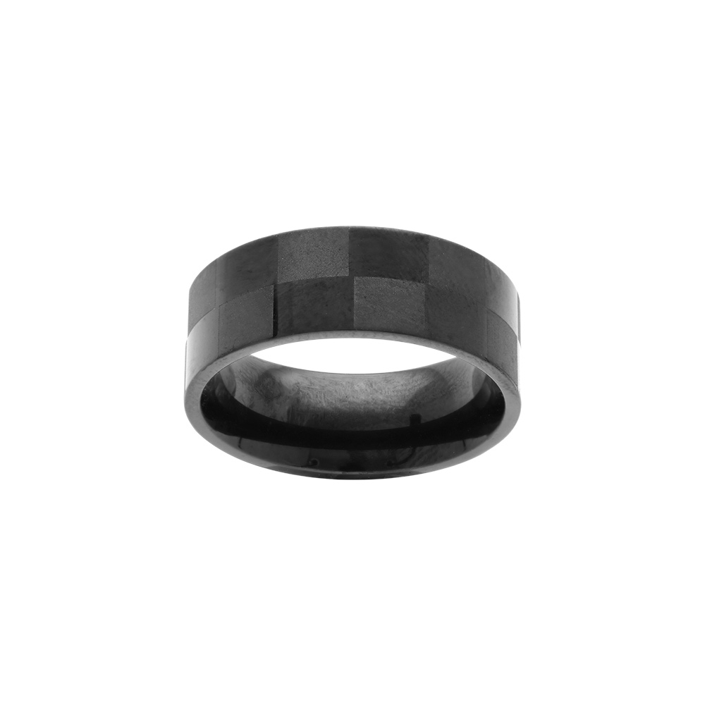 Bague en acier PVD noir ruban 8mm motif damier - Vue 1
