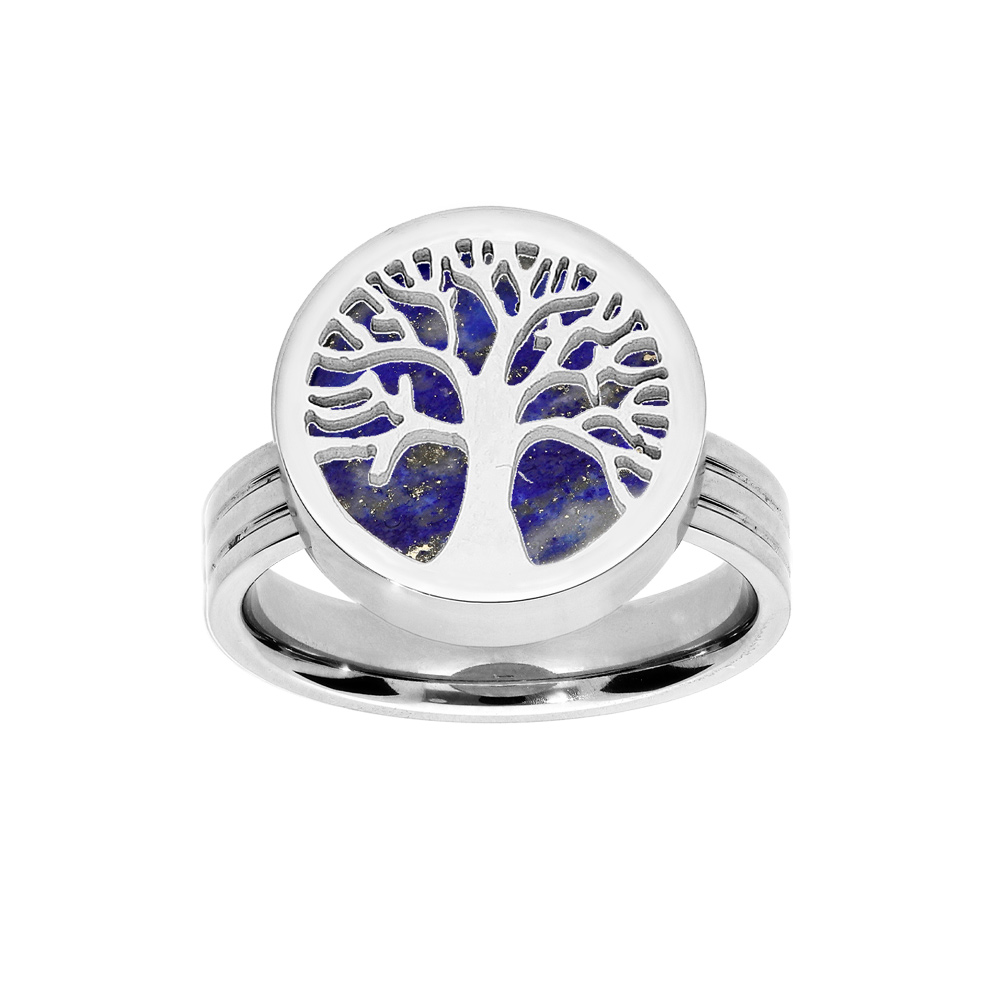 Bague en acier ronde avec arbre de vie sur fond Lapis Lazuli v�ritable - Vue 1