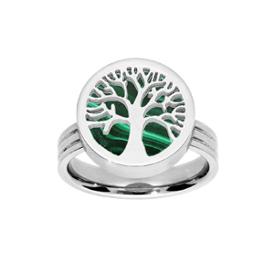 Bague en acier ronde avec arbre de vie sur fond Malachite vritable - Vue 1