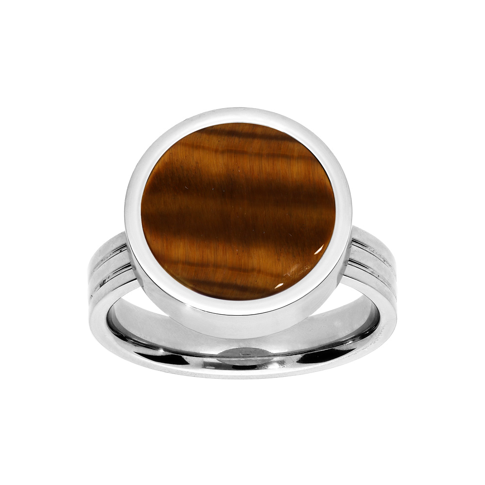 Bague en acier ronde avec Oeil de Tigre v�ritable d�vissable avec possibilit� de graver l\'int�rieur - Vue 1