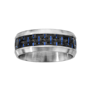 Bague en acier satin avec bande quadrille noir au milieu et fils bleus - Vue 1