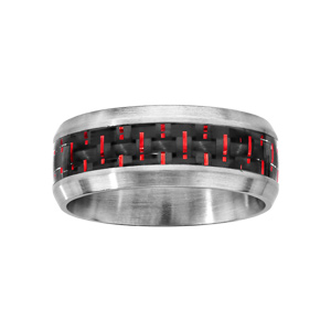 Bague en acier satin carbone reflet rouge - Vue 1