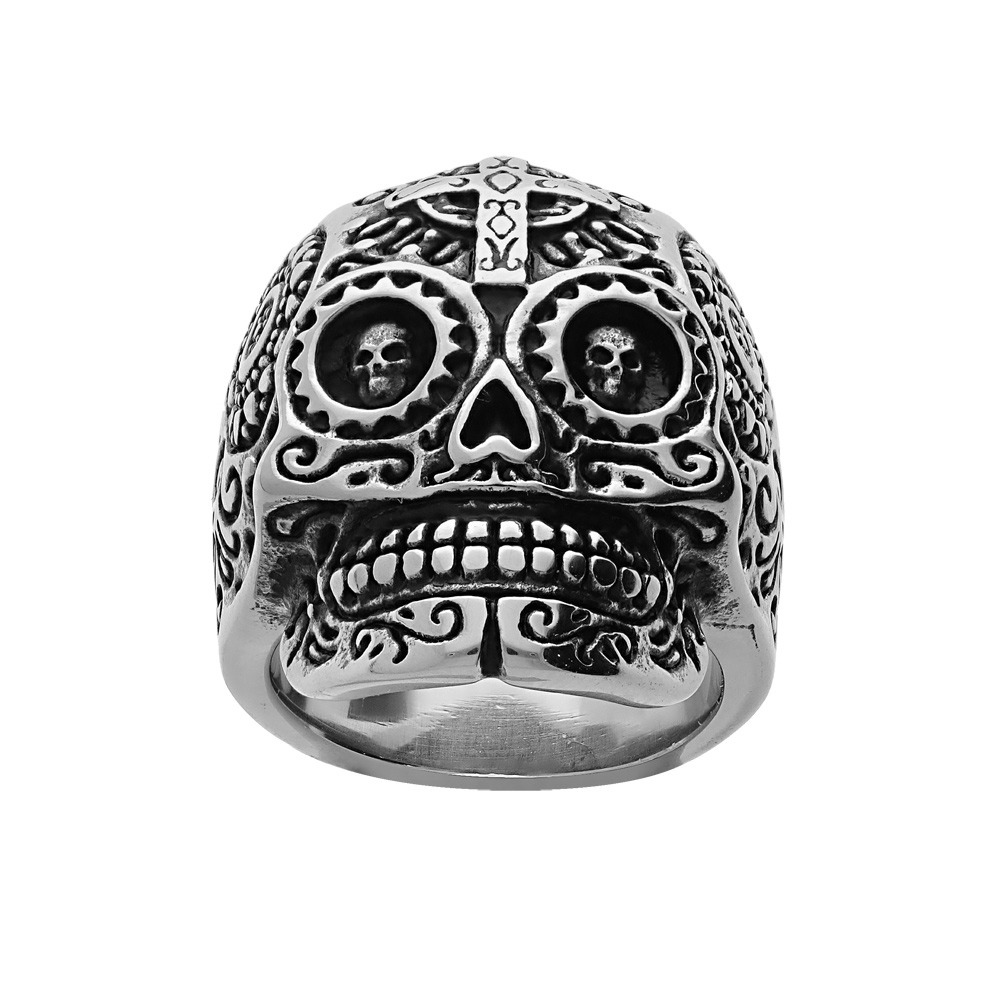 Bague en acier t�te de mort et motif croix - Vue 1