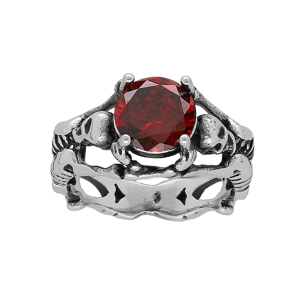 Bague en acier t�te de mort et squelette avec pierre rouge - Vue 1