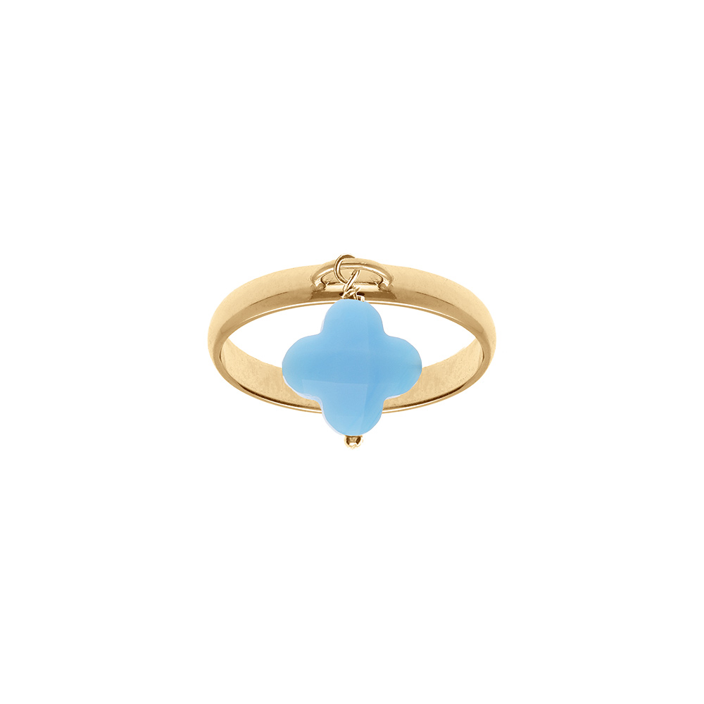 Bague en argent dor� avec tr�fle en verre facett� bleu ciel - Vue 1