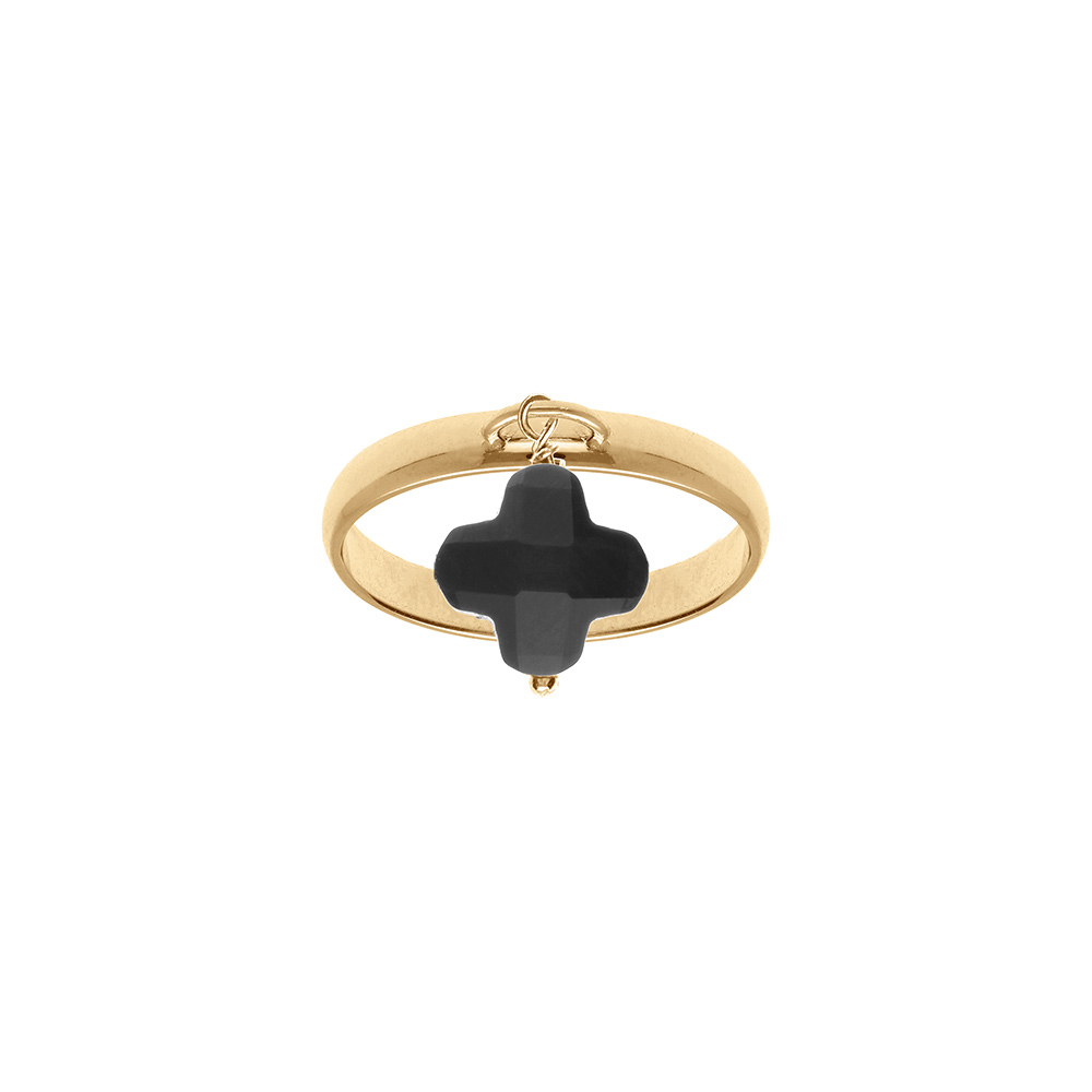 Bague en argent dor� avec tr�fle en verre facett� noir - Vue 1