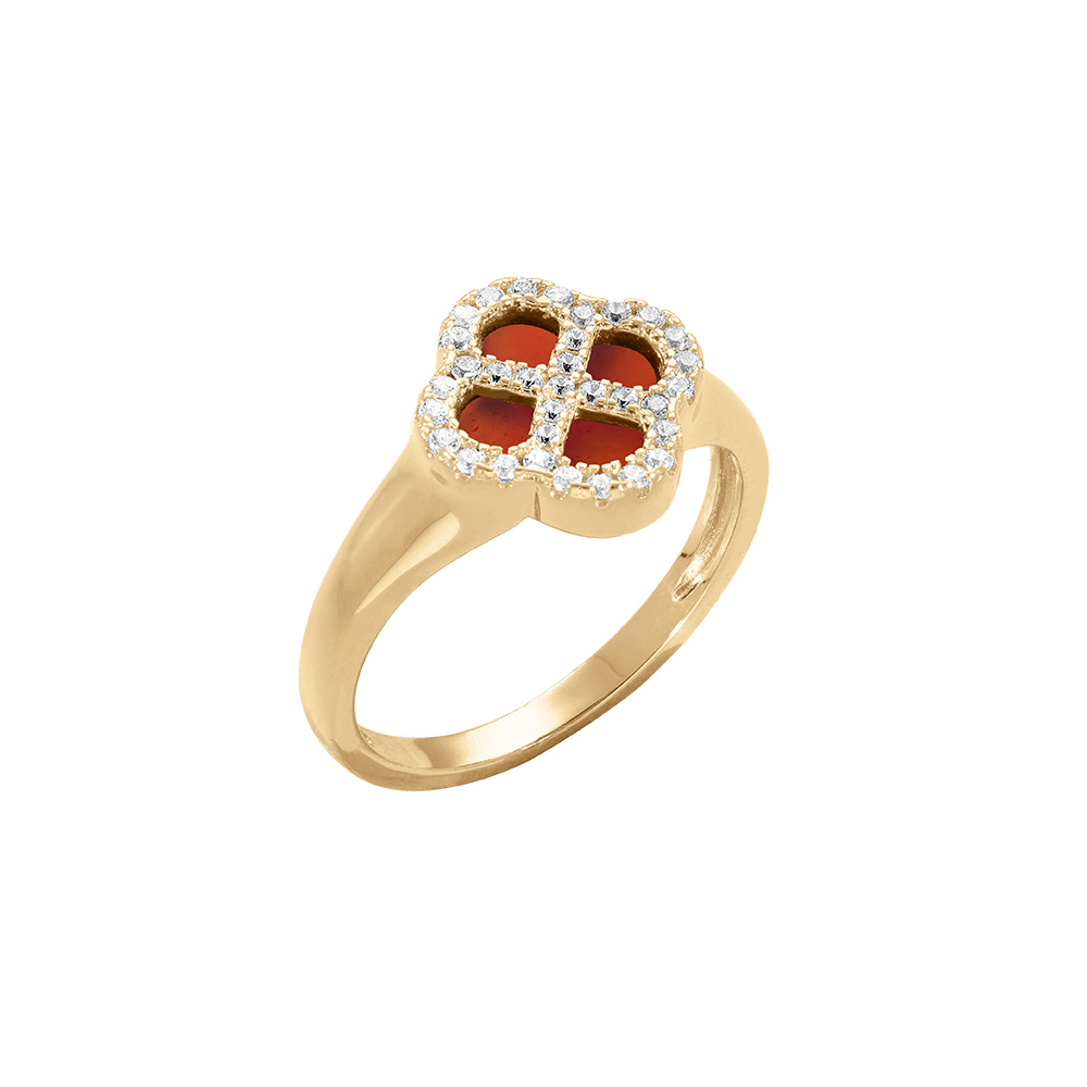 Bague en argent dor� tr�fle agate rouge v�ritable, contour en oxydes blancs - Vue 1