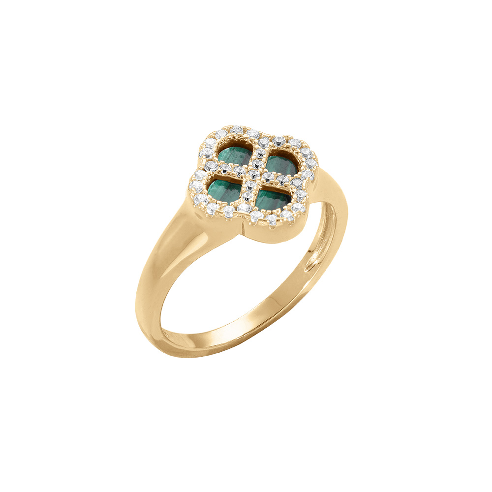 Bague en argent dor trfle malachite vritable, contour en oxydes blancs - Vue 1