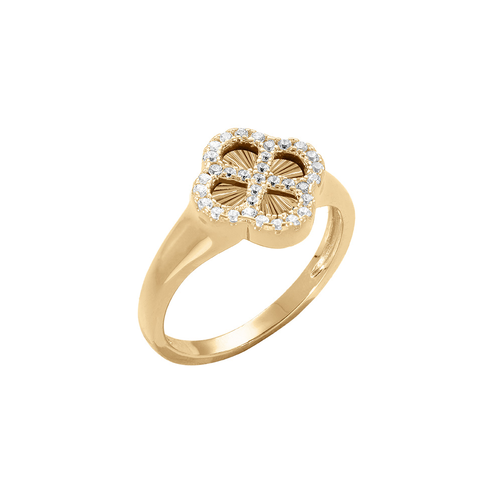 Bague en argent dor trfle sur fond diamant contour oxydes blancs - Vue 1