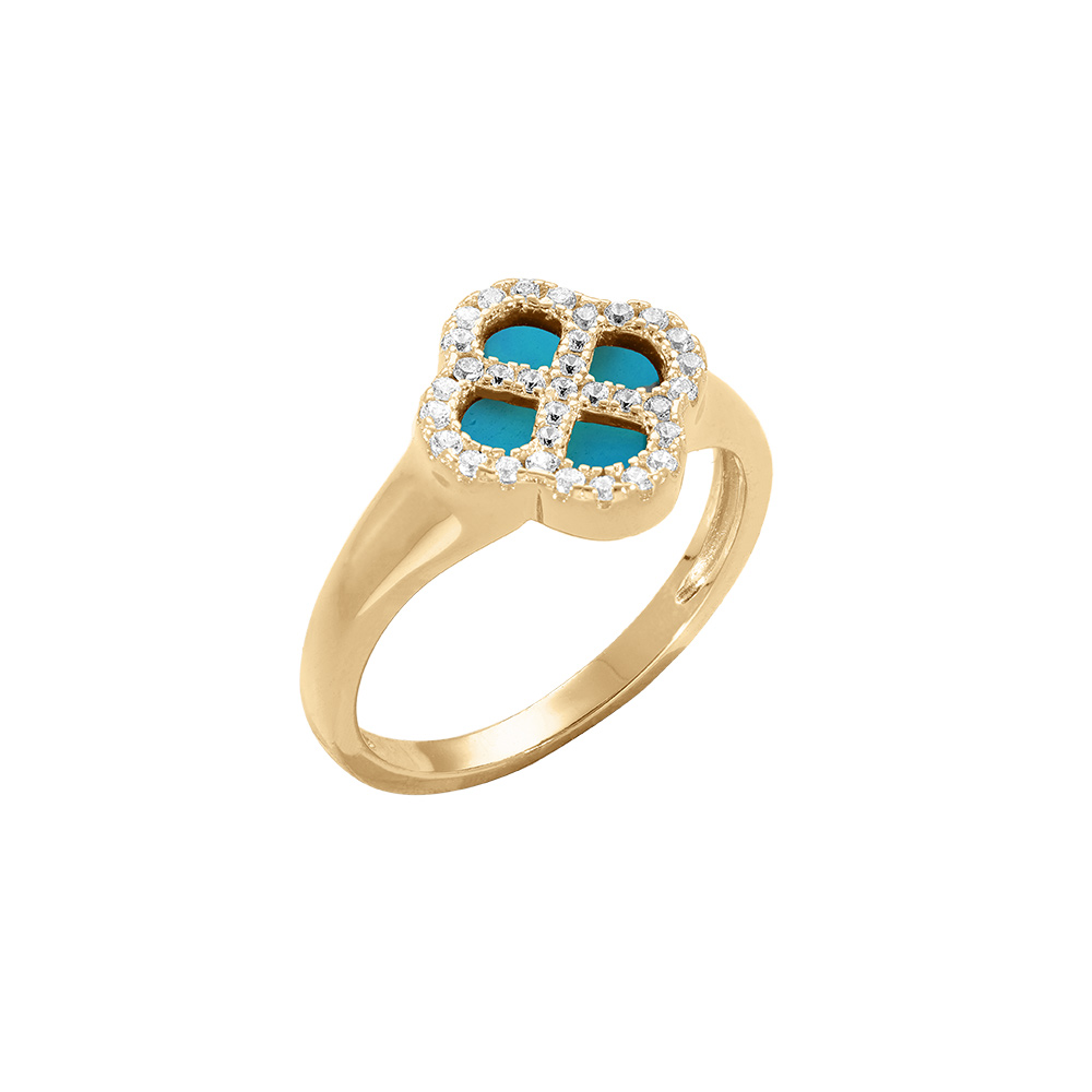 Bague en argent dor� tr�fle turquoise imitation contour oxydes blancs - Vue 1
