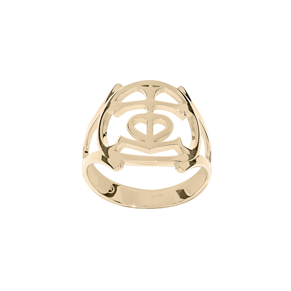 Bague en argent et dore jaune motif croix camarguaise - Symbole de la Camargue, tridents, ancre et coeur - Vue 1