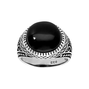 Bague en argent patin style chevalire avec plateau rond et bomb en onyx vritable - Vue 1