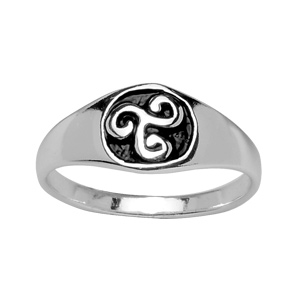 Bague en argent plateau rond noir motif triskel - Vue 1