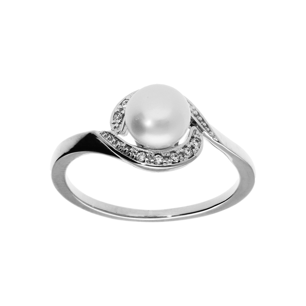 Bague en argent platin� avec perle de culture d\'eau douce entour� d\'oxydes blancs sertis - Vue 1