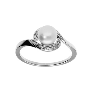 Bague en argent platin avec perle de culture d\'eau douce entour d\'oxydes blancs sertis - Vue 1