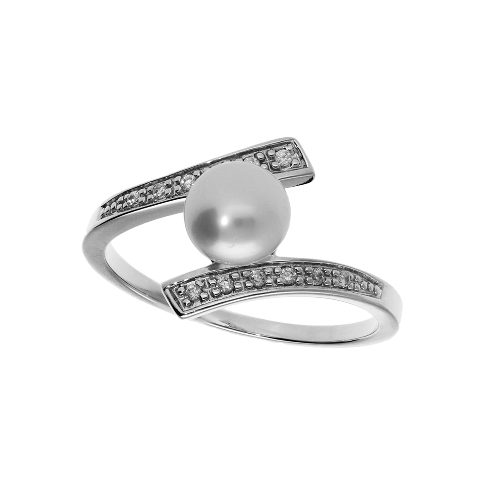 Bague en argent platin avec perle de culture d\'eau douce entoure de deux bandes d\' oxydes blancs sertis - Vue 1