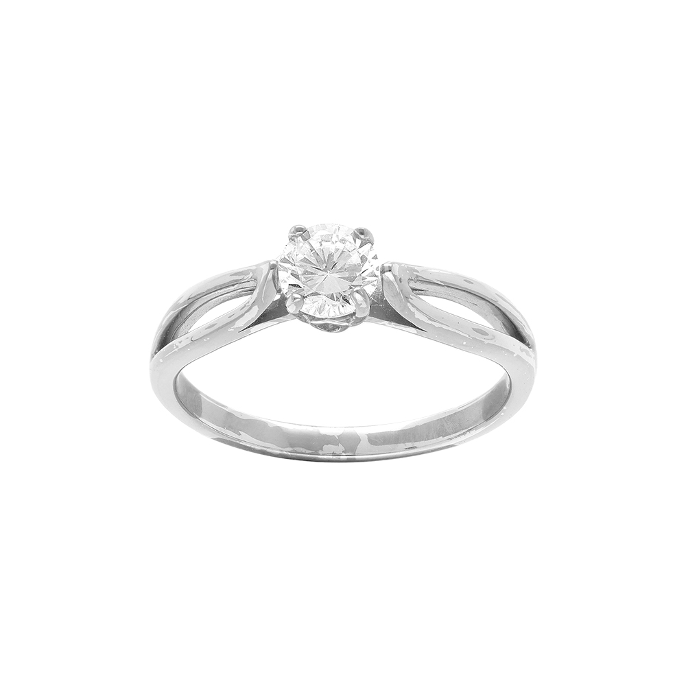 Bague en argent platin� avec solitaire oxyde blanc sertis 4 griffes - Vue 1