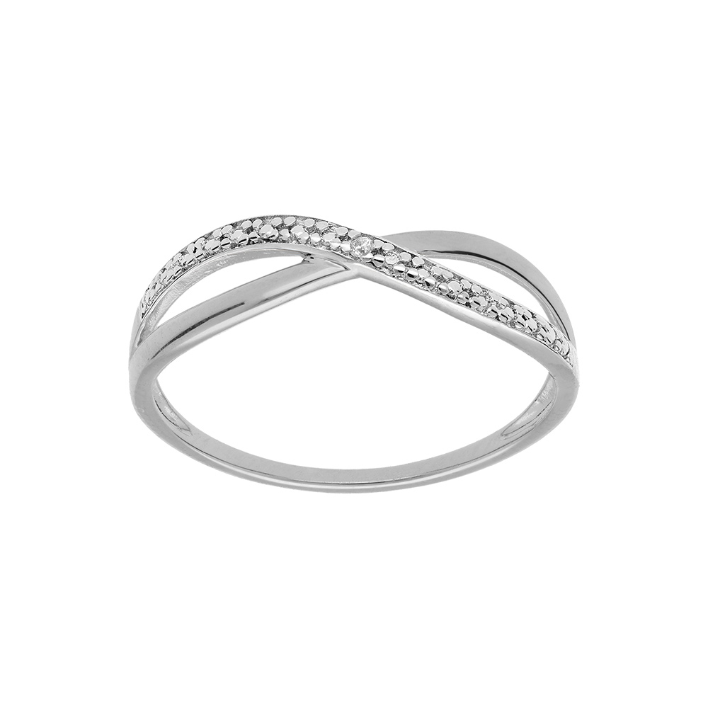 Bague en argent platin� boucle crois�e avec oxydes blancs sertis - Vue 1