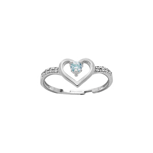 Bague en argent platin coeur avec oxyde bleu et oxydes blancs sertis taille rglable 46.48.50 - Vue 1