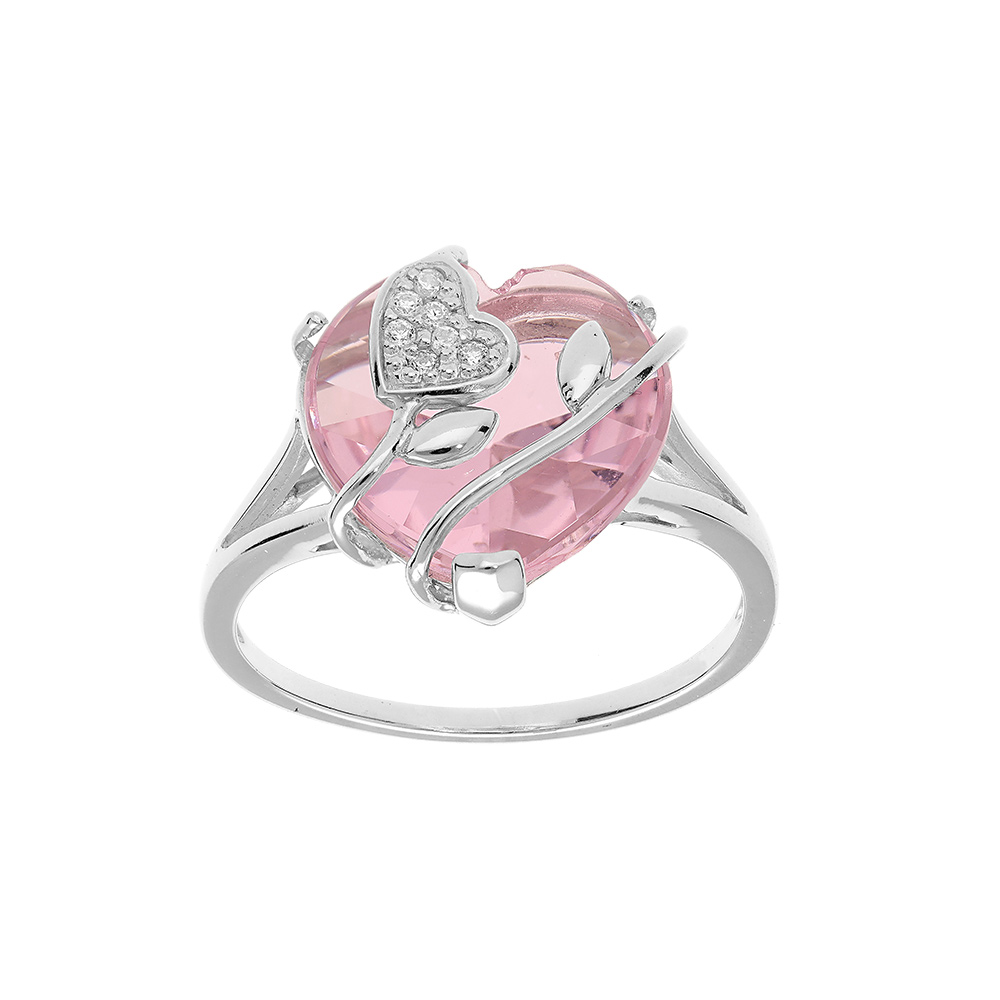 Bague en argent platin� coeur avec volute et oxyde rose - Vue 1