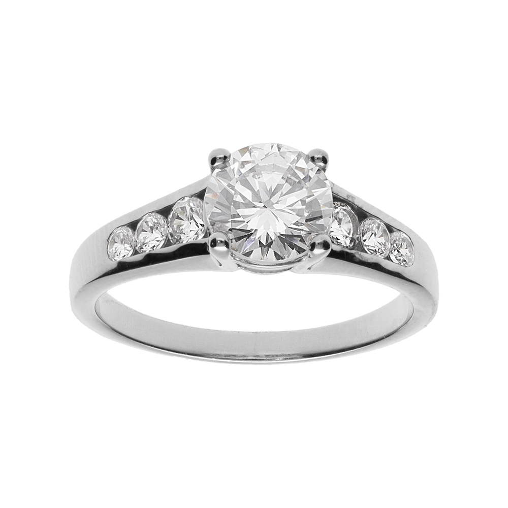 Bague en argent platin� compos�e d\'un rail d\'oxydes blancs et pierre centrale 4 griffes - Vue 1