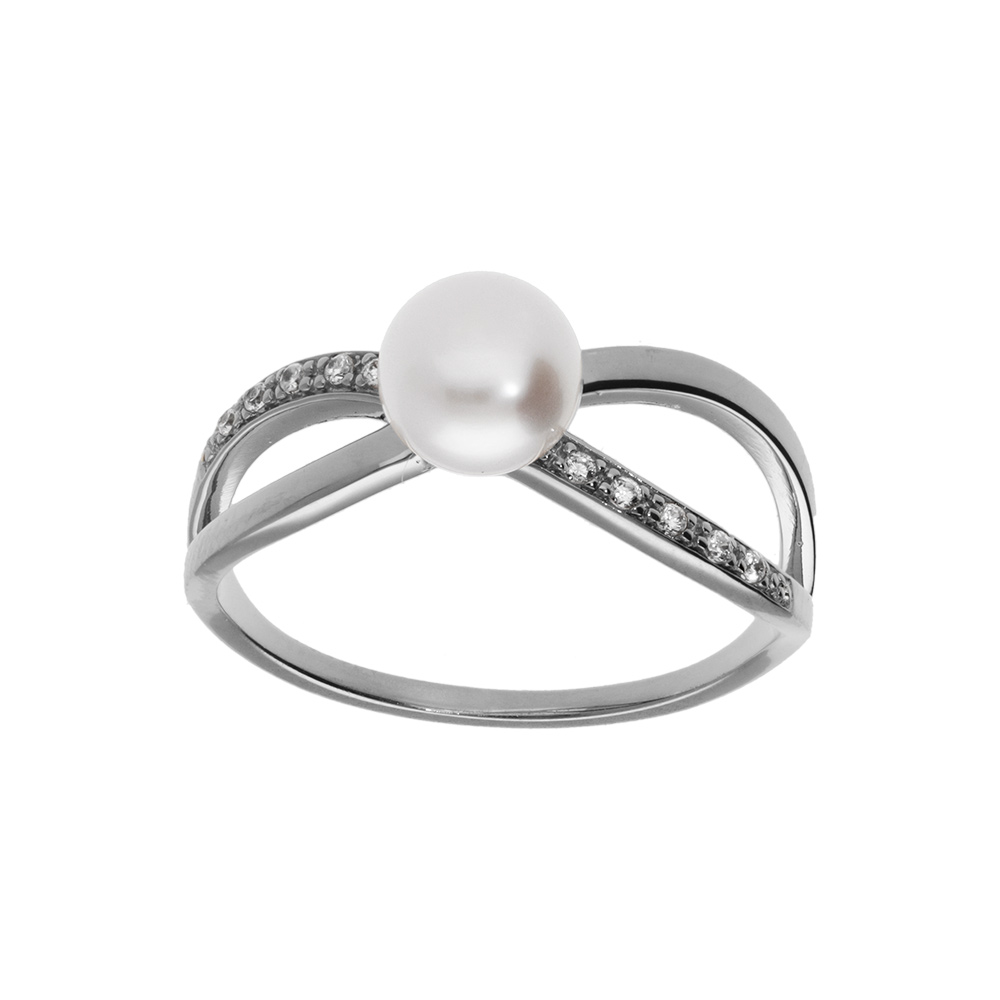 Bague en argent platin� crois� oxydes blancs avec perle de culture d\'eau douce - Vue 1