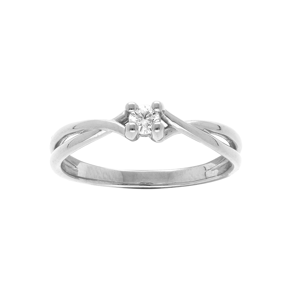 Bague en argent platin croise avec solitaire oxyde blanc serti 4 griffes - Vue 1