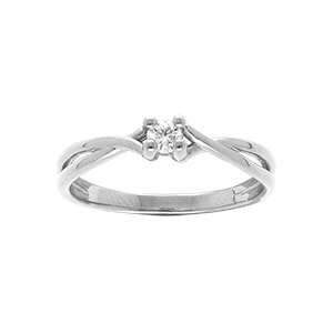 Bague en argent platiné croisée avec solitaire oxyde blanc serti 4 griffes - Vue 1
