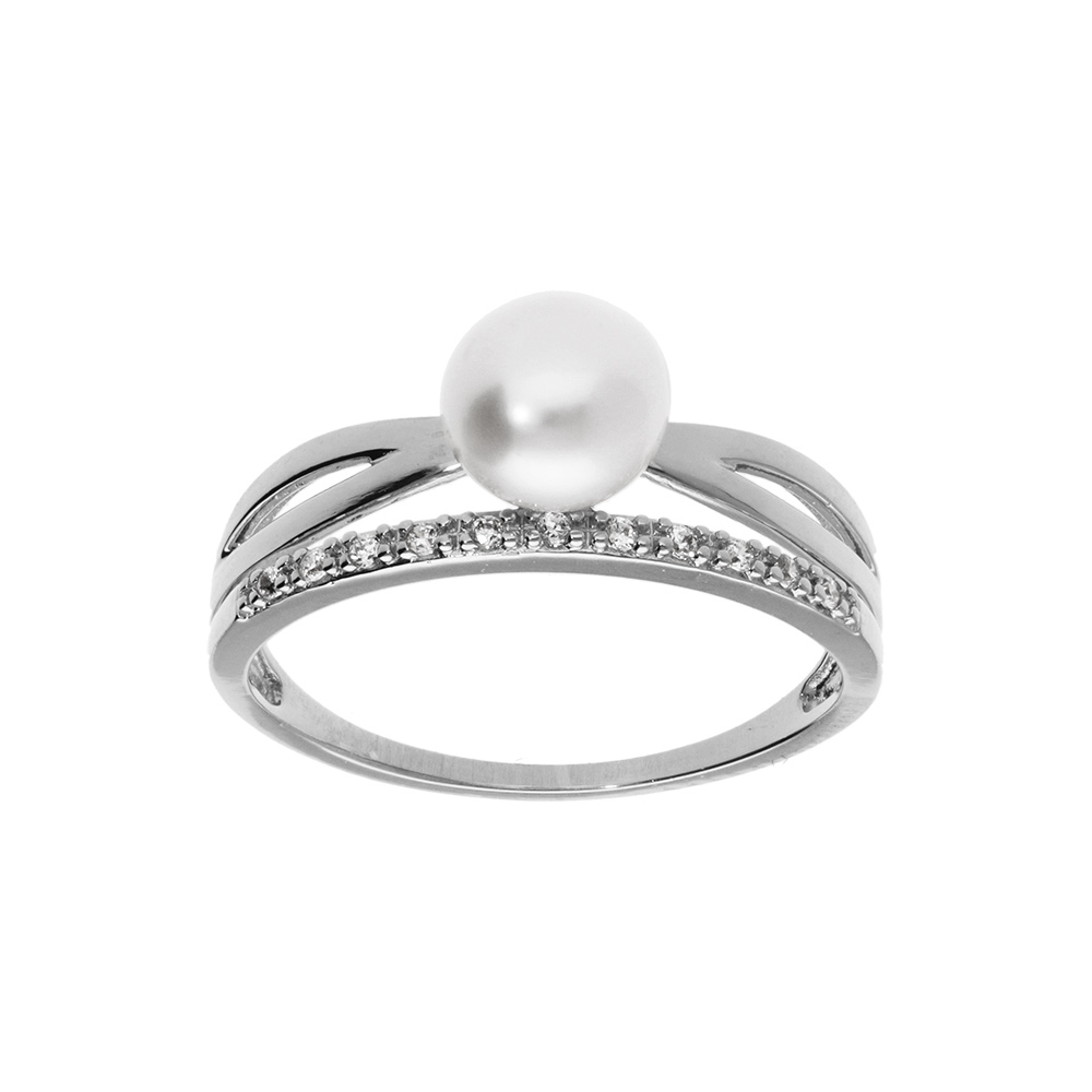 Bague en argent platin de forme croise avec perle de culture d\'eau douce et oxydes blancs sertis - Vue 1
