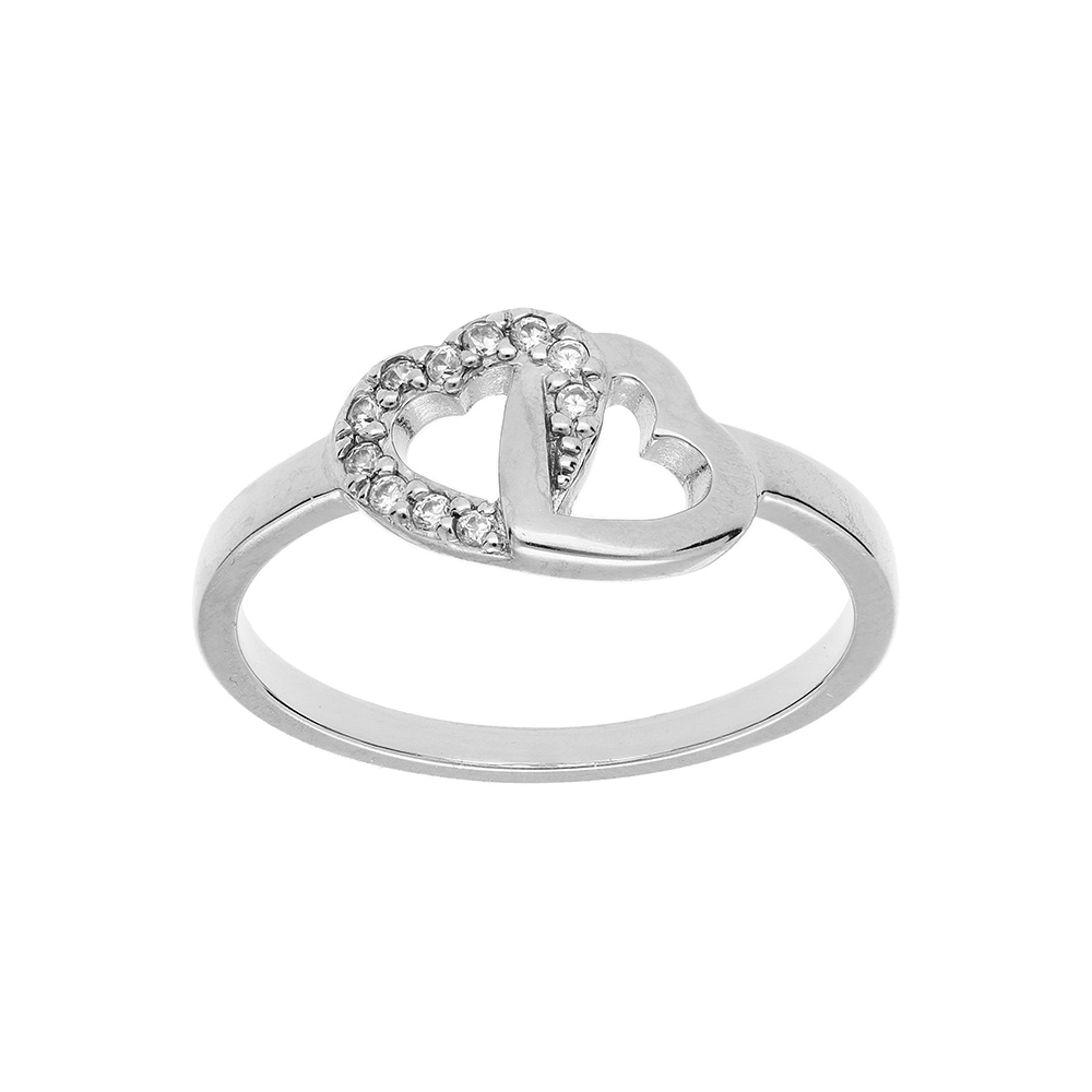Bague en argent platin double coeurs avec oxydes blancs sertis - Vue 1