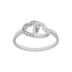 Bague en argent platin double coeurs avec oxydes blancs sertis - Vue 1