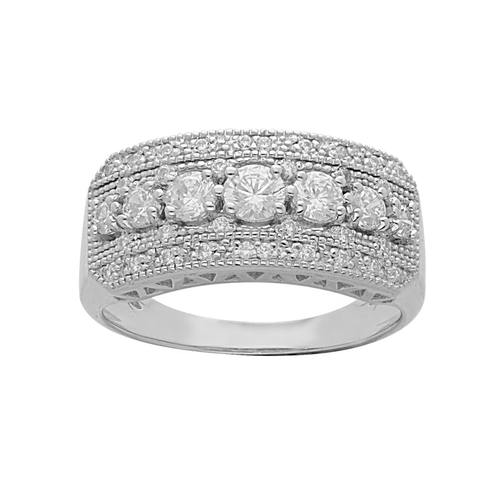 Bague en argent platin large finement travaille avec oxydes blancs sertis grande taille - Vue 1