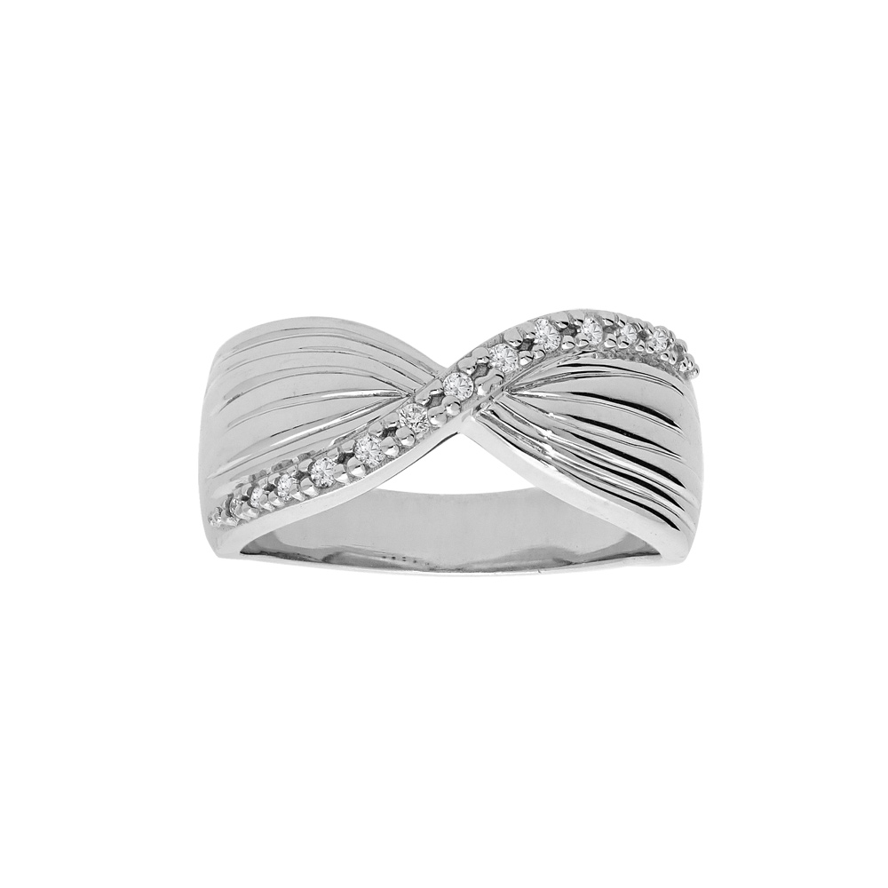 Bague en argent platin� ruban crois� avec oxydes blancs sertis - Vue 1