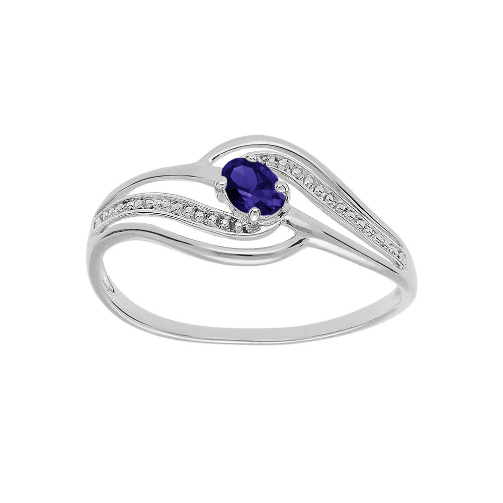 Bague en argent platin� volute avec oxydes bleu fonc� et blancs sertis - Vue 1