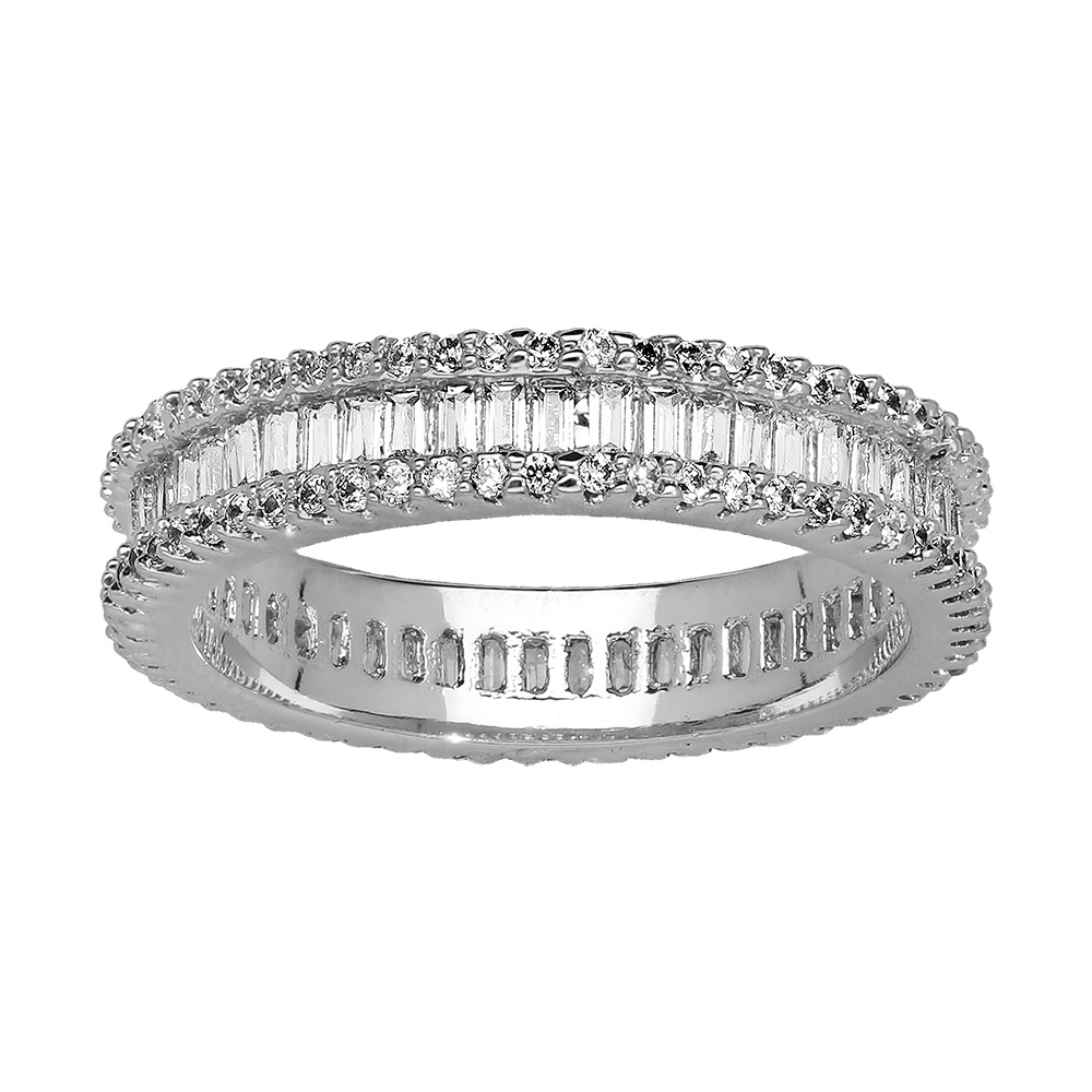 Bague en argent rhodi� alliance complete avec oxydes blancs sertis - Vue 1